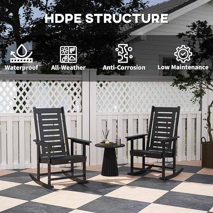 Outsunny Outdoor Rocking Chairs Set of 2, HDPE Patio Rocking Chairs with 28" High Back and Wide Armrests, All-Weather Slatted Porch Rockers for Garden, Balcony, Fire Pit, Black