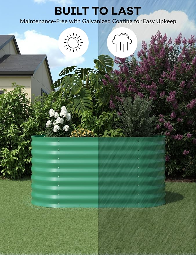 IDEAHOUSE 2-Pack Raised Garden Bed - Heavy-Duty Galvanized Steel Outdoor Planter Box for Vegetables, Flowers & Herbs - Rust-Resistant, Easy-Assembly Garden Box, Beige/Green