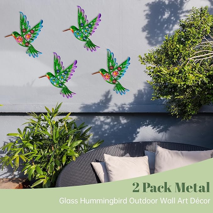2 Pack Metal/Glass Hummingbird Wall Decor, 12.4" Outdoor Fence Wall Art Decor, Wall Sculpture Hanging Decoration Perfect for Garden Yard Living Room Bedroom Patio Balcony