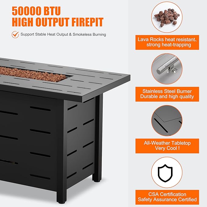 Walsunny 43 inch Outdoor Propane Fire Pit 50,000 BTU Gas Fire Pit Table with Lid, Waterproof Cover, Rectangle Gas Firepit Table for Garden/Patio, CSA Certification