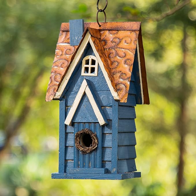 Glitzhome 12" H Hanging Birdhouse Retro Blue Distressed Wooden Cottage Garden Bird House for Outside