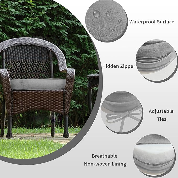 17"x 16"x 3" Patio Chair Cushions Set of 2, Waterproof Outdoor Chair Cushions, Patio Seat Cushion with Adjustable Ties, Light Grey