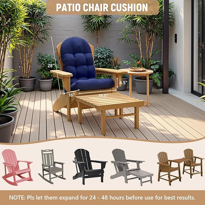Adirondack Chair Cushion Set of 4, Rocking Chair Cushions, High Back Patio Cushions, Thickened Weather Resistant Patio Cushion with 6 Ties, Non Slip Fade & Waterproof