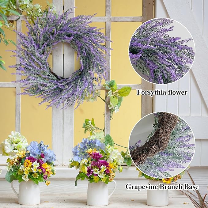 Lavender Summer Wreath for Front Door, 24 Inch Large Spring Summer Wreath Purple with Green Leaves for Grapevine Farmhouse Summer Wreaths Front Door Wall Window Party Decoration Home Décor