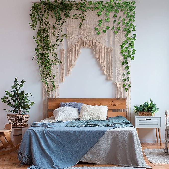 CQURE 120Pack 840Ft Artificial Ivy Fake Vines,Ivy Garland Greenery Garland Fake Hanging Plants Vines Aesthetic Green Leaves for Bedroom Wedding Party Garden Wall Room Decor