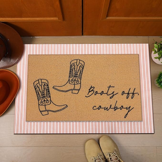 Tinideya 2 Pcs Fall Door Mat Western Cowboy Welcome Non Slip Coir Mats Pink Stripe Floor Layering Doormats Seasonal for Front Porch Entryway Decor(Cowboy)