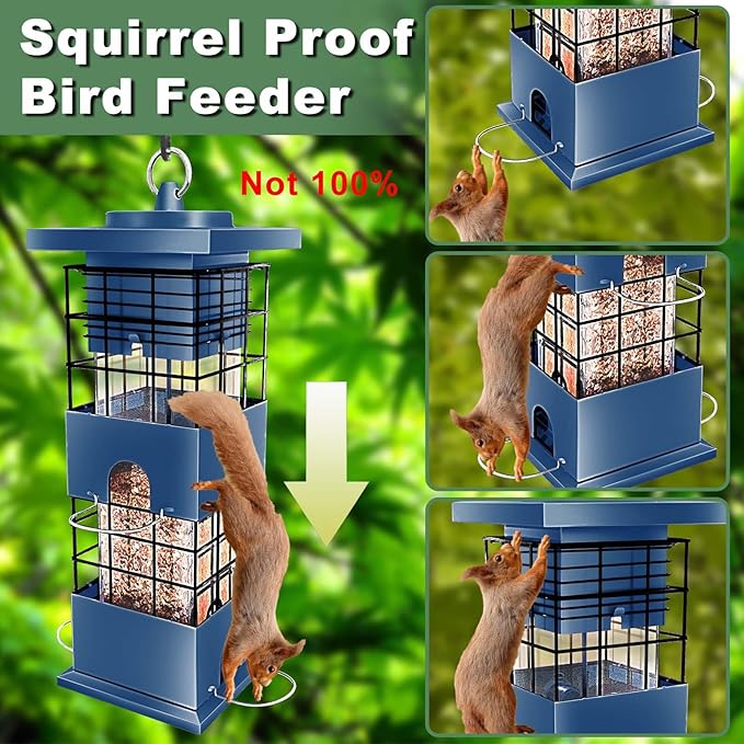 Squirrel Proof Bird Feeder,3Lbs Metal Birdfeeders Squirrel Proof with 4 Feeding Ports forOutdoors Hanging, Birdseed Feeder for Cardinal, Sparrow,Bluejay,Outside (Blue)