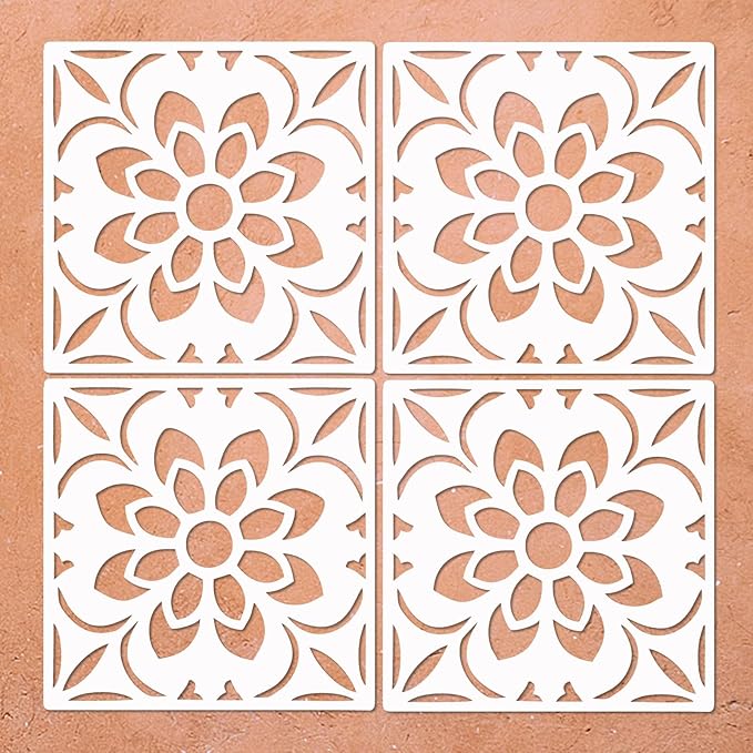 Reusable Stencils for Painting Floors, Tiles, Walls, Walkway, Patio, Front Porch, Concrete Floor Stencil Tile Stencils, 4-Pack, 8x8 Inches, Sunflower Pattern