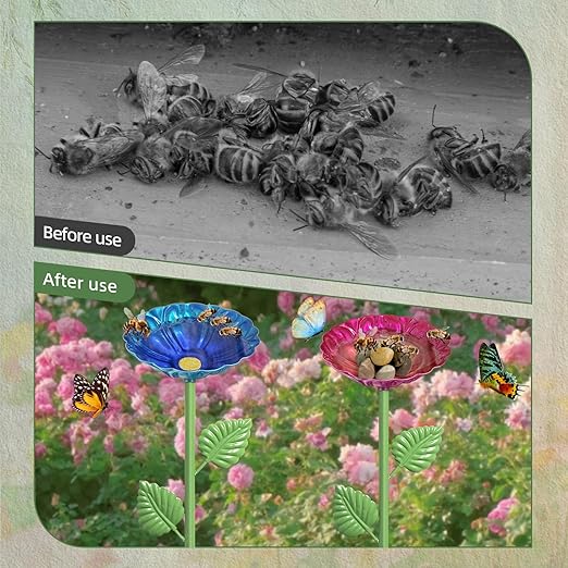 4Pcs Bee Watering Station, 4.13" Butterfly Bee Bath Bowl, Metal Colorful Flower Shaped Pollinator Watering Station Bee Waterer Bird Feeder for Outdoor Garden Decor (Red,Green,Blue,Yellow)