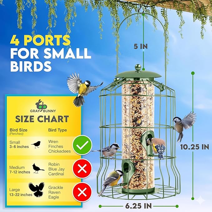 Squirrel Proof Bird Feeders for Outdoors Hanging (Metal Green) Bird Feeder with 4 Ports, Chew-Proof & Weather Resistant, Backyard Gift (10.25 x 6.25 x 6.25 inches)