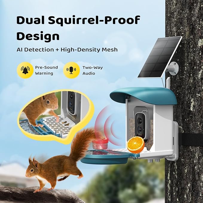Bird Feeder with Camera 5MP Live Video, Solar Powered Smart AI Identify Birds Species, 2.4G WiFi Camera with Squirrel-Proof, 2-in-1 Bird Bath, Instant Arrival Alerts, Ideal Gifts for Birdlovers