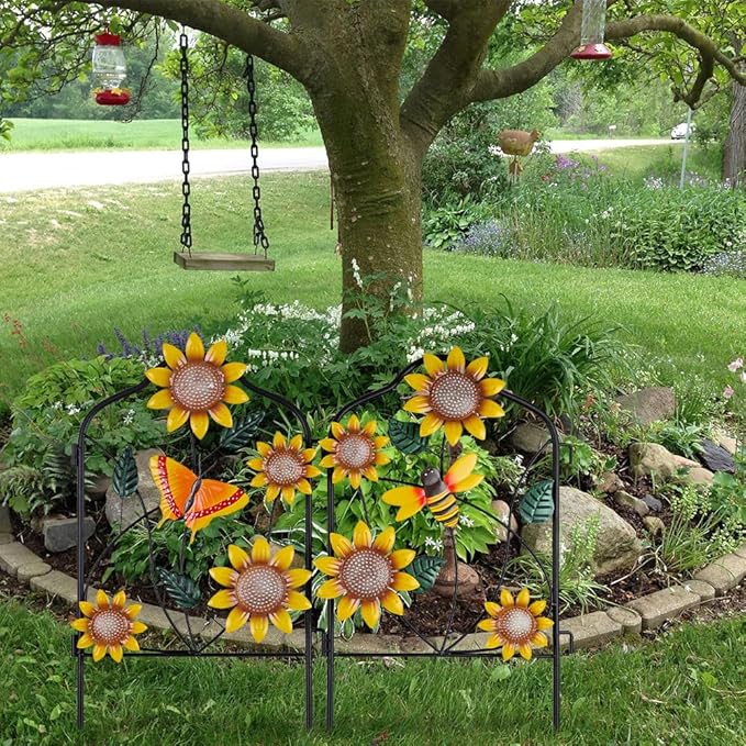 hogardeck Garden Decor for Outside, Set of 2 Metal Fence Decorative Garden Stakes with Flowers for Sunflower Decor, Yard Signs for Outdoor Patio Lawn Backyard Porch