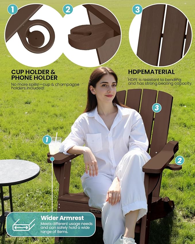 Folding Adirondack Chair 6 Pack, HDPE All-Weather Fire Pit Chairs, Plastic Adirondack Chairs with 2 Cup Holder, Outdoor Lawn Chair for Patio Garden (Brown)