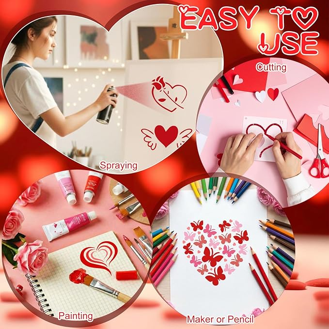 Marspark 66 Pcs Spring Easter Small Stencils for Crafts Reusable 3 Inch Stencils for Painting on Wood DIY Craft Paint Template for Wall Home Decor Card Rock Canvas Drawing Holiday (Love Heart)
