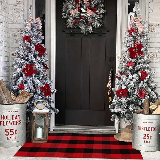 Christmas Plaid Outdoor Rug, 2' x 4'3'' Red & Black Check Indoor/Outdoor Area Rug, Layering Rug for Hello/Welcome Door Mat, Machine Washable Cotton Woven Rug for Farmhouse Front Porch, Entryway