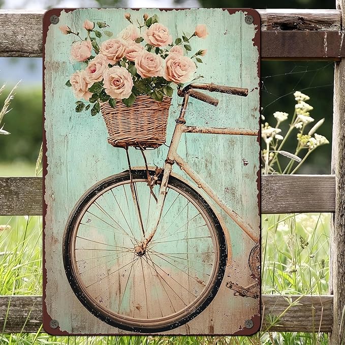 PEACHGARDEN Vintage Spring Metal Sign Bike with Flower Wall Decor Farmhouse Decor for Home Cafes Office Store Pubs Club 8x12inch