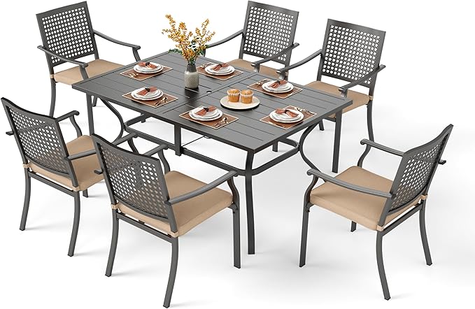 PHI VILLA 7 Pieces Outdoor Dining Set for 6, 60" Long Rectangular Iron Table & Stackable Metal Chairs with Cushions, Large Furniture Set for Patio, Porch, Yard, Deck