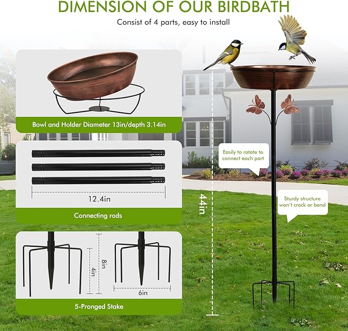 Metal Bird Bath Feeder for Outside – 3.14’’ Deep Birdbaths Bowl with Stable Stake & Upgraded 5-Pronged Base, 13’’ Dia Freestanding for Garden Yard Lawn Decor, 44’’ Tall Easy Clean 1.5 Gallon