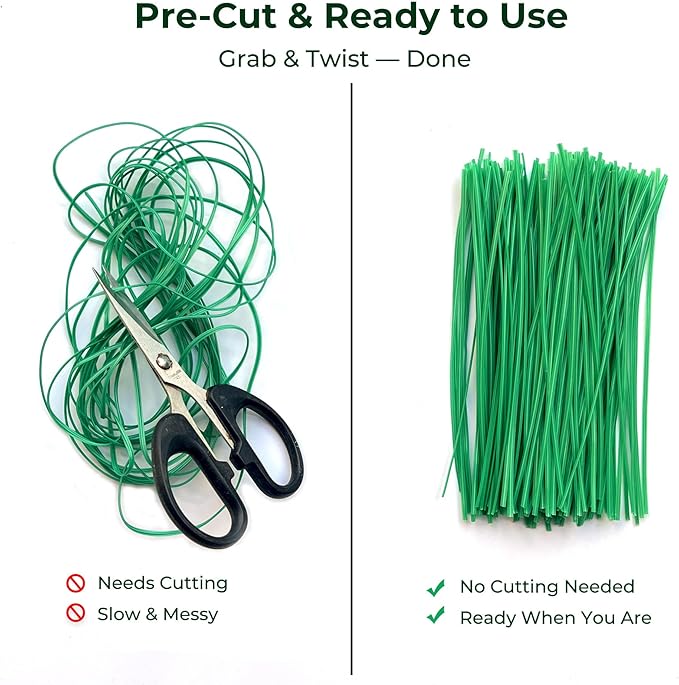 Green 6" Twist Ties (500 Pack) - Pre-Cut Garden Plant Ties in Self-Sealing Bag, Sturdy PET & 0.45mm Iron Core, Heavy Duty Reusable Ties for Tomato, Monstera, Vines and Cords