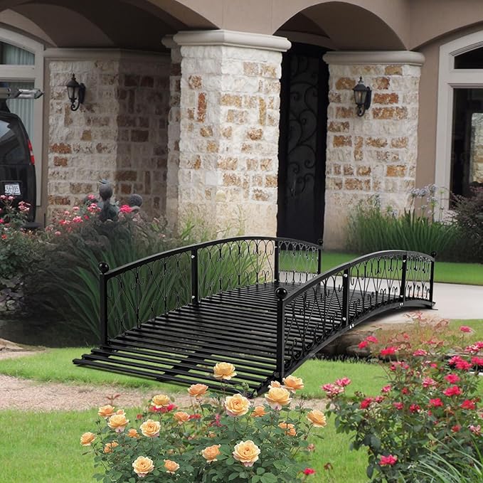 Metal Garden Bridge 8 FT, Durable Decorative Footbridge with Siderails Large Outdoor Bridges, Weight Capacity 770 lbs for Backyard, Creek, Lawn, Stream