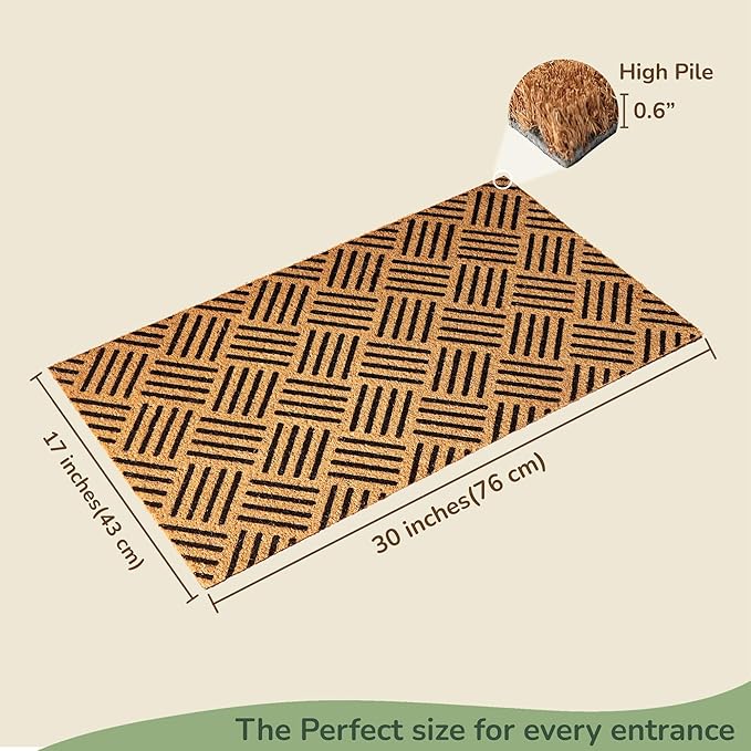 Welcome Doormats, Natural Coco Coir Mats with Non-Slip PVC Backing, Indoor Outdoor Mats for Home & Office, Floor Rugs for Door Decor, Geometric Porch Rug with Black Diamond Pattern, 30"x17"