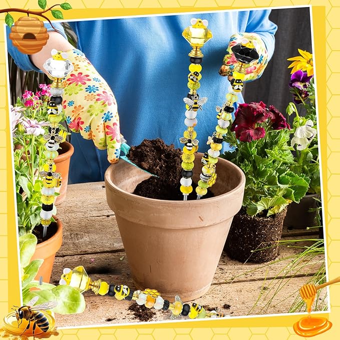 118 Pcs Bee Garden Stakes Fairy Wand DIY Beaded Stakes Garden Decor Includes 4 Crystal Stopper Top 10 Bee Pendant 68 Large Hole Beads 4 Threaded Rods 4 Pcs Nuts, for Craft Supply