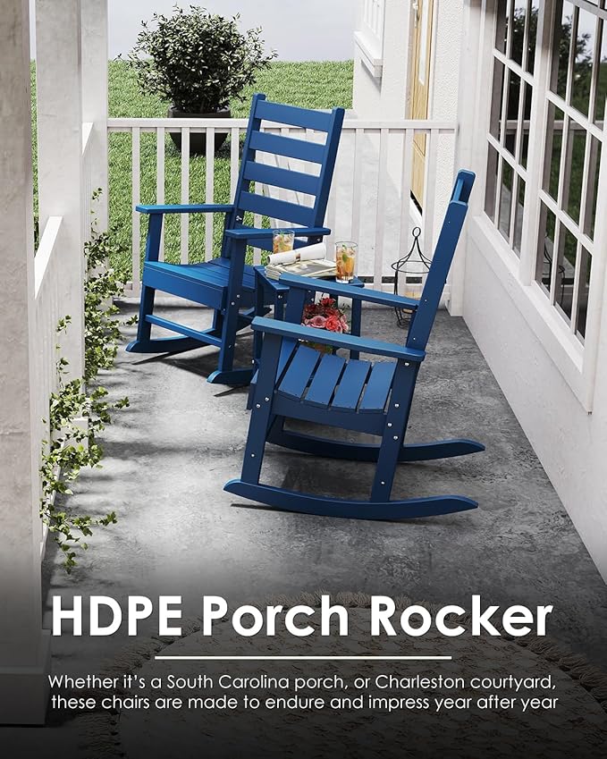 GREENVINES Outdoor-Rocking-Chairs-Set-of-4 | HDPE Plastic | Patio Rockers | Porch Rocker Chair | Shaker | Oversized | High Ladder Back | Big & Tall | PentaLuxe | Blue