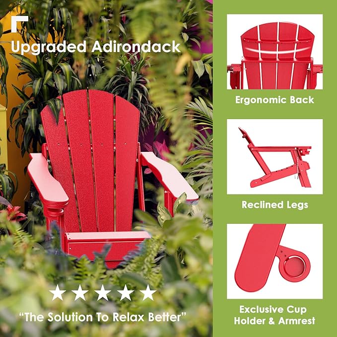 GREENVINES Adirondack-Chairs-with-Ottoman | Set of 6 | Folding | Retractable-Footrest | HDPE Plastic | All Weather Fire Pit Chair | Cup Holders | Red | for Outdoor Poolside