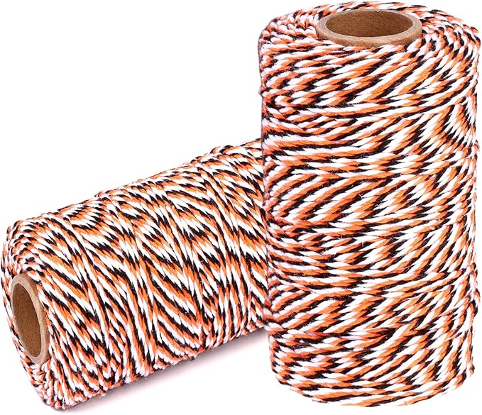 Cotton Twine String Bakers Rope: 2 Roll Twines for Crafts Gift Wrapping - 656 Feet Orange Black White Twine for Kitchen Cooking
