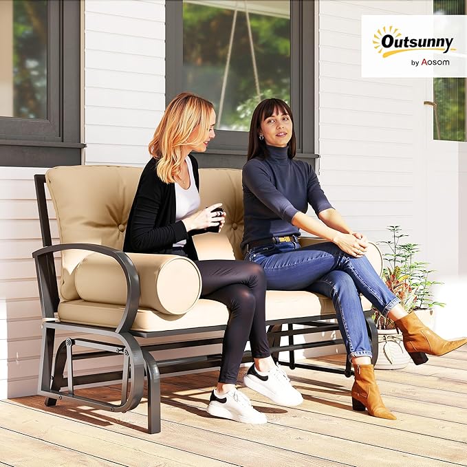Outsunny Swing Glider Rocking Chair, Double Patio Bench, 2 Person Loveseat with Steel Frame, Cushions, Pillow Armrests, Khaki