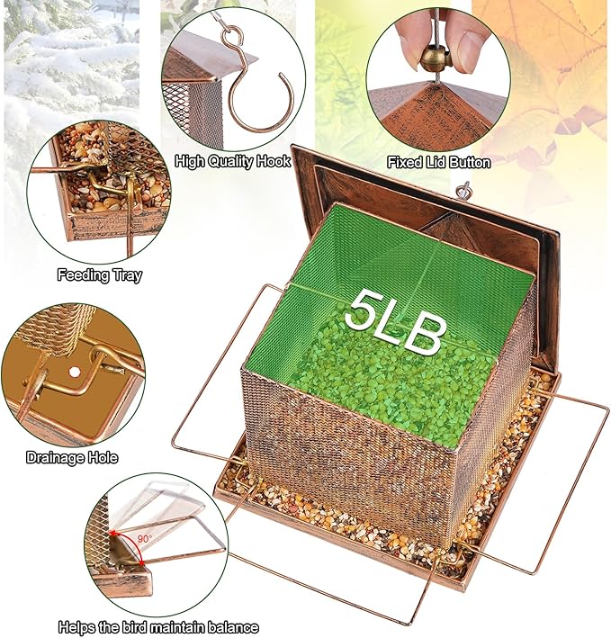 Bird Feeder, Heavy Duty Metal Bird Feeders for Outdoor Hanging, 5LB Extra Large Capacity Wild Birdfeeder for Garden Yard Outside Backyard