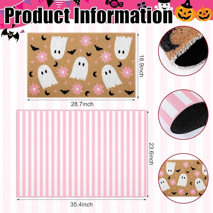 Tinideya 2 Pcs Halloween Door Mat Ghost Welcome Non Slip Coir Mats Pink Flower Cute Bat Stripe Floor Layering Doormats Seasonal for Front Porch Entryway Decor(Flower Ghost)