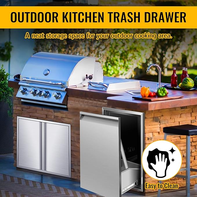 Built-in Double Trash Drawer 16" W x 22.3" H x 18" D, Pull-Out Tray Outdoor Kitchen Stainless Steel Trash Drawer Storage Two Trash Bins for BBQ Island Grill Station