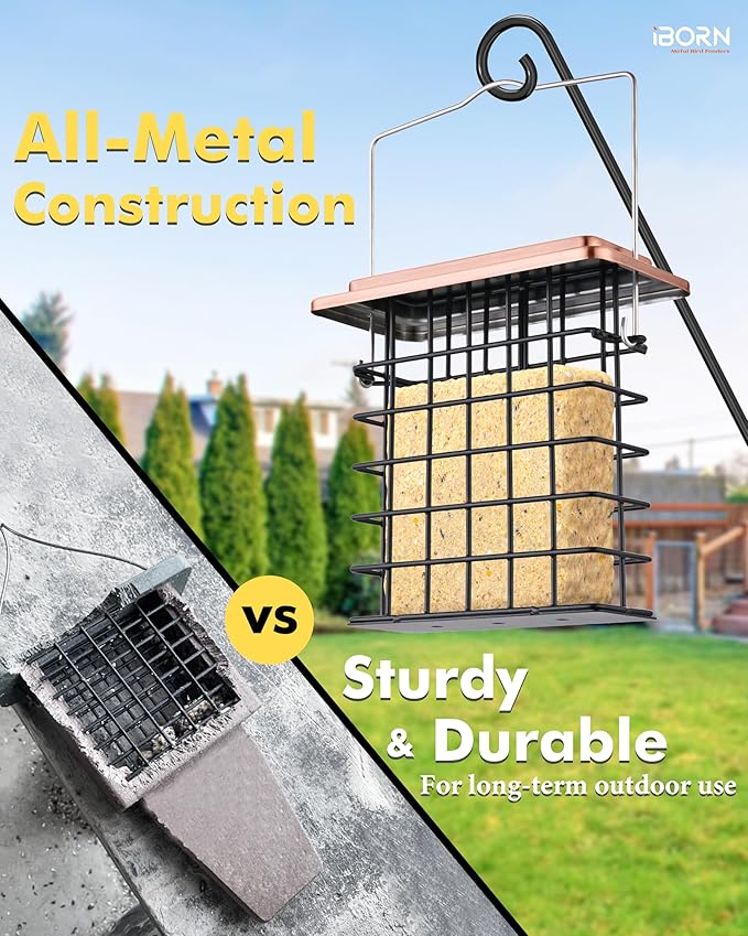 iBorn Suet Feeder Suet Bird Feeders [Single Capacity] for Outside Hanging with Taller Grid for Woodpecker,Metal Brushed Copper（Pack of 1）