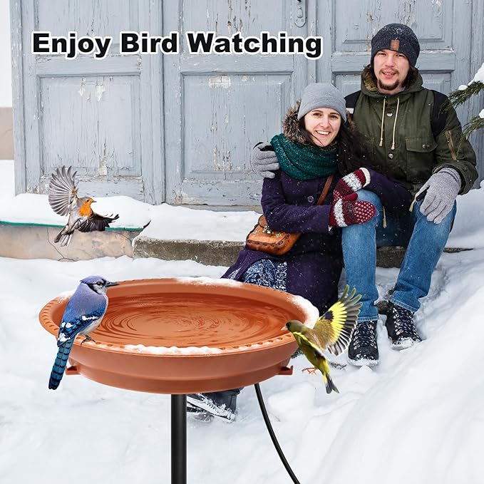 BIRD WISH Heated Bird Bath, Stable 5-Prong Metal Base Thermostat Control Weather Resistance All Seasons Available 75W Heated Bird Baths for Outdoors for Winter Garden Yard Patio Lawn, Terracotta
