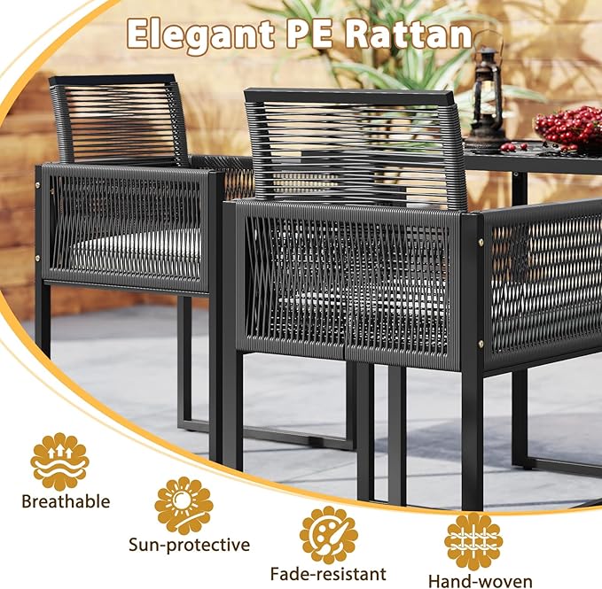 Tangkula 3 Pieces Patio Dining Set, Outdoor Space-Saving PE Wicker Bistro Set with Cushions, Patio Tempered Glass Top Table and Chairs Set for Porch, Garden and Backyard