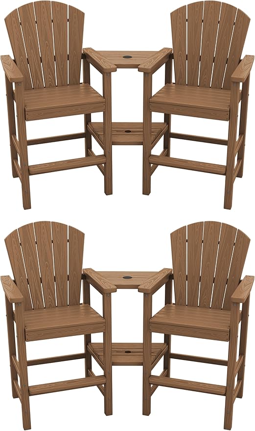 SERWALL Tall Adirondack Chairs Set of 4 with Double Layer Connecting Tray, HDPE Bar Height Outdoor Chairs, Wood-Like Adirondack Bar Stools for Patio, Balcony, Porch, Brown