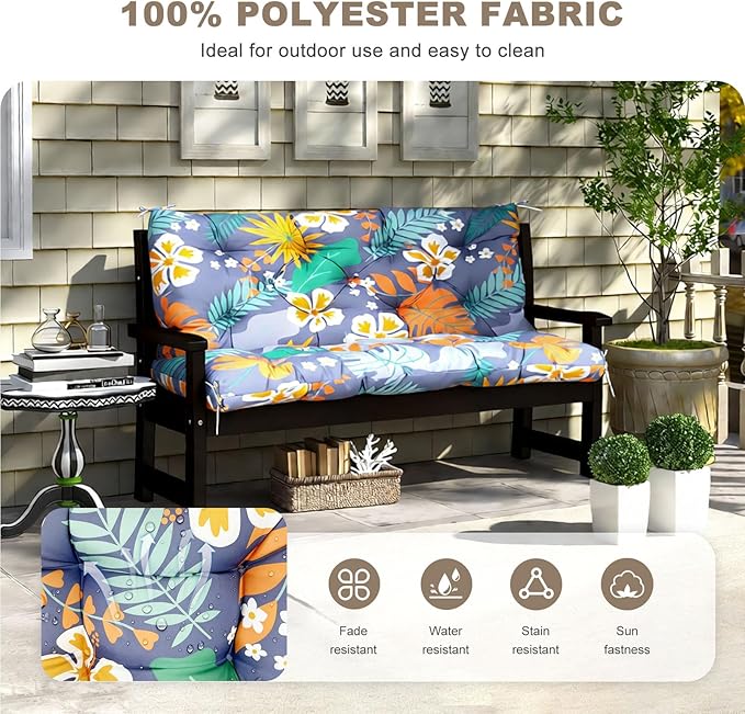 Porch Swing Cushion with Backrest,Waterproof Bench Cushion for Outdoor Furniture,2-3 Seater Replacement Thickened Swing Cushion with Ties,Patio,Outdoor,Backyard and Garden (Flower,60x40)