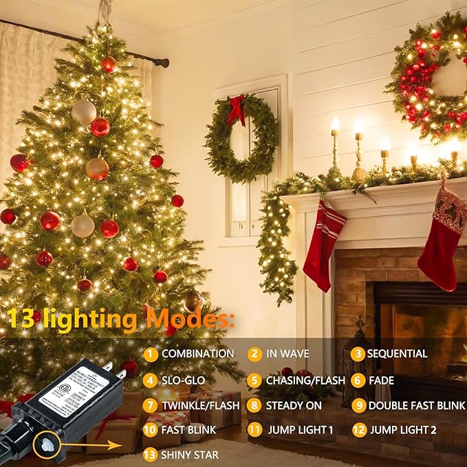 Extra-Long 300LED Christmas Lights Outdoor Indoor, Upgraded Warm White String Lights for Bedroom, Waterproof 13 Modes Plug in Twinkle Fairy String Lights for Home Party Wedding Garden (Warm White)