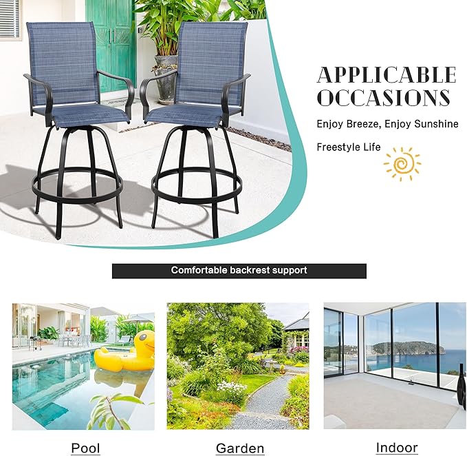 Vongrasig 2 Piece Patio Swivel Bar Chairs, All Weather Metal Textile High Swivel Bar Stools Chairs, Outdoor High Top Bistro Set for Backyard, Lawn Garden, Balcony, Denim Blue