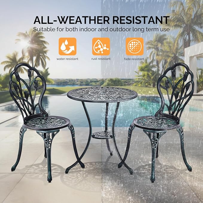 VINGLI 3 PCS Outdoor Bistro Set, Outdoor Patio Set, All-Weather Cast Aluminum Bistro Table Set, Bistro Table and Chairs Set of 2 for Backyard, Garden, Balcony (Green, Tulip)
