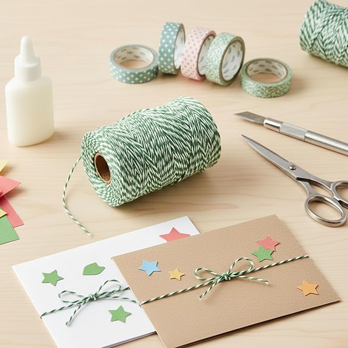 Green and White Organic Twine Cotton String - 500 Feet Wrapping, Baking, Butcher, Crafts, DIY Projects, Easter, Christmas