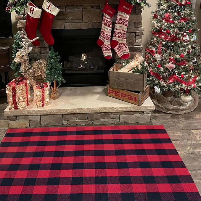 Christmas Outdoor Mat Buffalo Plaid Christmas Decor Rug Cotton Hand-Woven Layered Door Mats Washable Carpet for Front Porch, Kitchen, Farmhouse, Entryway
