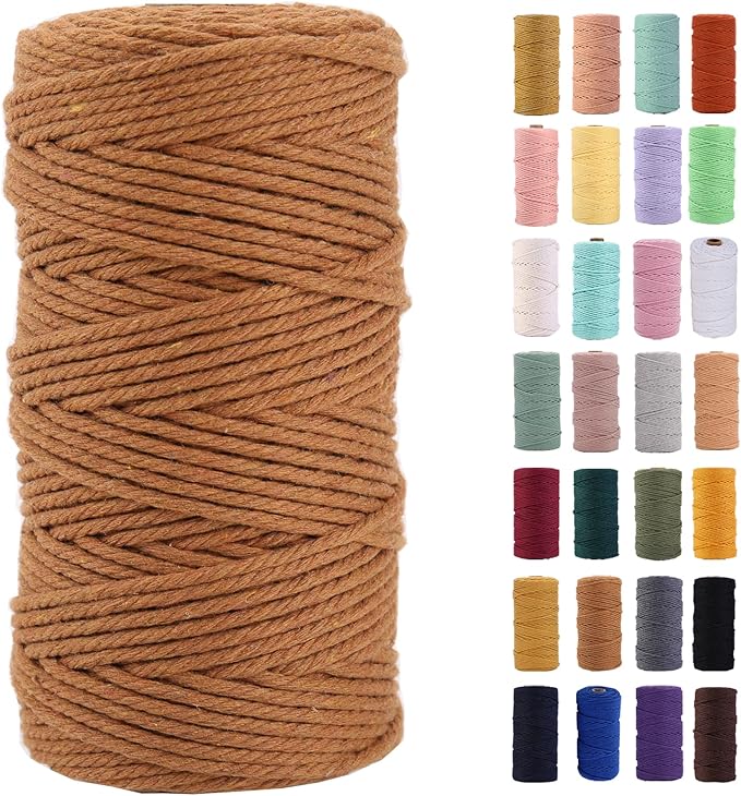 Caramel Macrame Cord 3mm x 109Yards,Colored Cotton Rope Colorful Cotton Cord Soft Craft Cord Twine for Wall Hanging Plant Hangers Crafts Decorative Projects