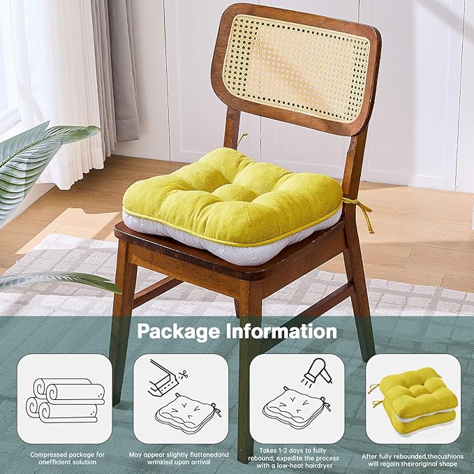BETU Chair Cushions for Dining Chairs Set of 4,3.5" Thick Kitchen Table Chair Pads with Ties,Non Slip Backing and Covers, Seat Cushion for Dining Room,Bar,Patio Chairs,16"X16"X3.5",Gold