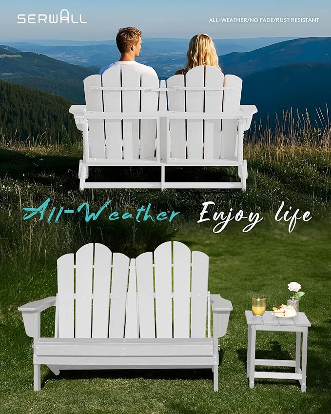 SERWALL 3 Pieces Patio Adirondack Bench Set, 2 Folding Adirondack Bench & 1 Coffee Table with Umbrella Hole Set for Front Porch Garden Balcony Backyard, White