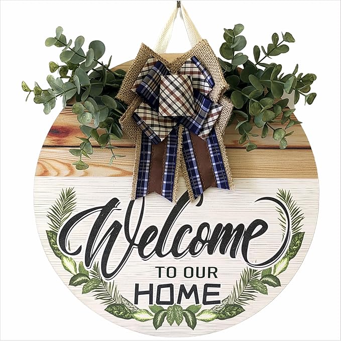Welcome Sign Front Door Decoration 12 Inch Round Wood Wreath Wall Hanging Outdoor, Farmhouse, Porch, Suitable for Spring Summer Fall Seasons Holidays Christmas (blue)