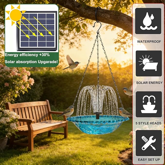 Solar Hanging Bird Baths Bowl Outdoor Bird Feeder 15.7 Inch Metal Chains, Weather-Resistant Hanging Wildbird Feeder & Bath Tray for Garden, Patio, Backyard (Solar Style)