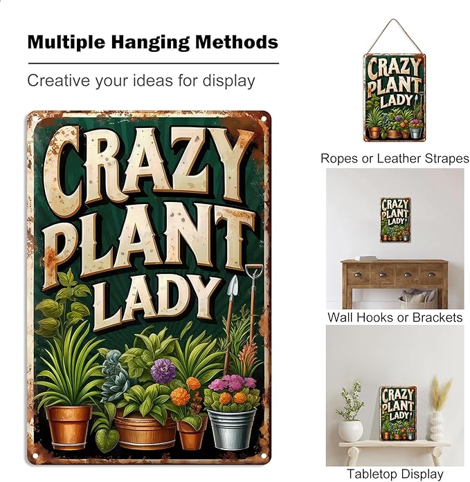 Vintage Garden Metal Sign "CRAZY PLANT LADY" Retro Gardening Tin Plate Wall Decor for Home Garden Yard Greenhouse Outdoor Decoration (8x12 Inch)