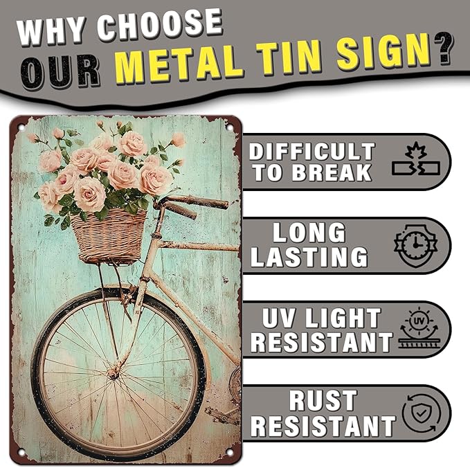 Bike Vintage Tin Sign Bike with Flower Red Rose Funny Tin Sign Summer Wall Decor Farmhouse Decor for Home Cafes Office Store Pubs Club Sign Plaque Metal Tin Sign 12x16inch